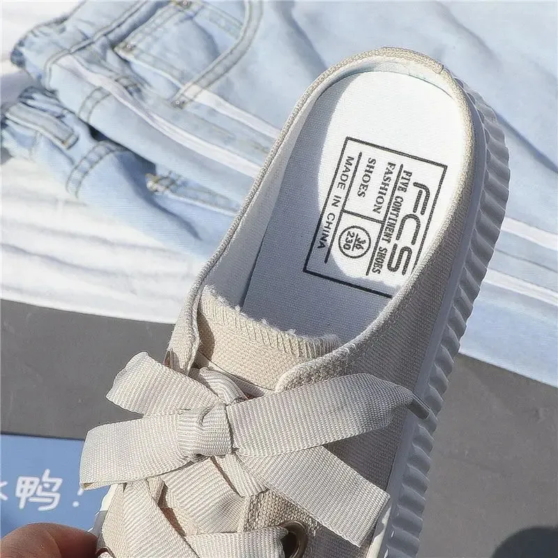 Sneakers estive da donna, pantofole e sandali da donna, ciabatte sportive con fiocco, scarpe alte, punta tonda, cotone, junior, bianco F_voghion.com