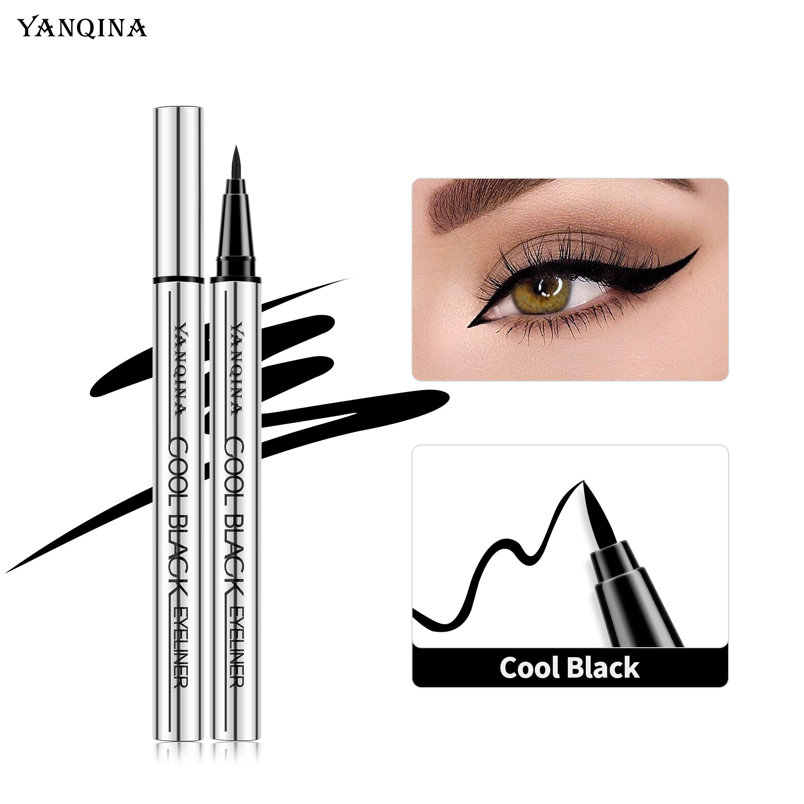 YANQINA Schwarzer, glatter, silberner Schlauch, schnelltrocknend, wasserfest, schweißfest, wischfest, ultrafeines Eyeliner-Stift-Make-up_voghion.com