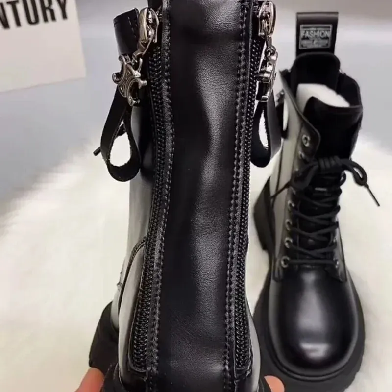 SLX Winter British Style Womens Martin Boots Black Retro Zipper Thick Bottom Joker High Quality Soft Leather Booties_voghion.com