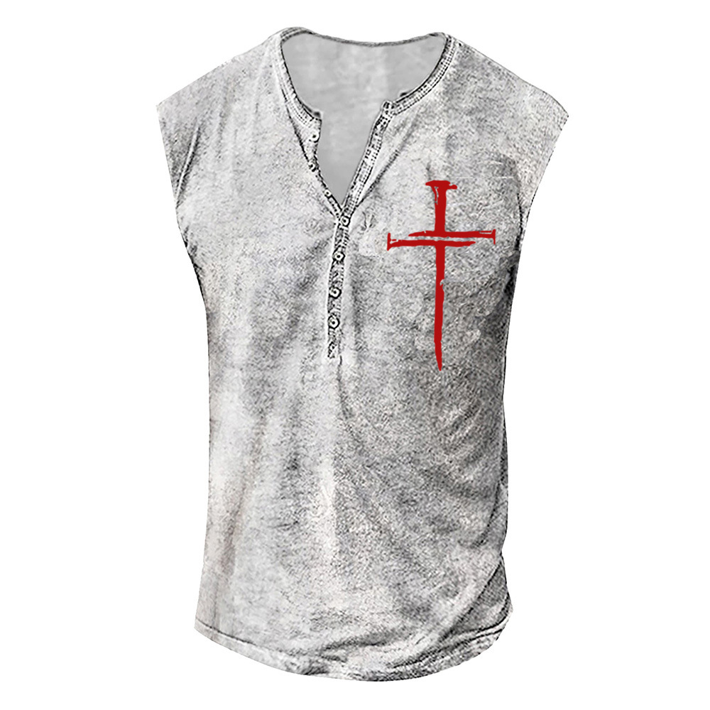 Youth Men's Cross Print Collarless Casual Tank Top Large Men's Vest_voghion.com