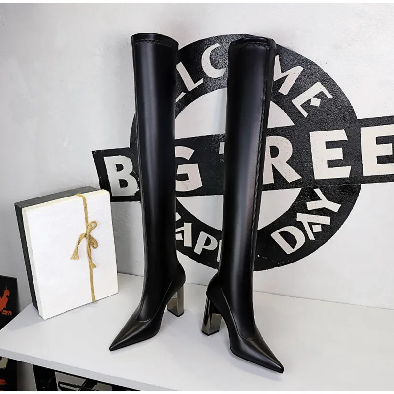 Brand Women Leather Thigh Thick High heels Stretch Skinny Over the knee boots Autumn Winter Warm Female Boots Shoes_voghion.com