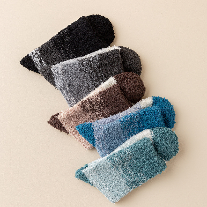 Nieuwe herfst- en wintersokken voor heren, koraalfleece, home, herensokken met middelhoge sokken, dikke sokken met kleurverloop, herensokken, vloersokken_voghion.com