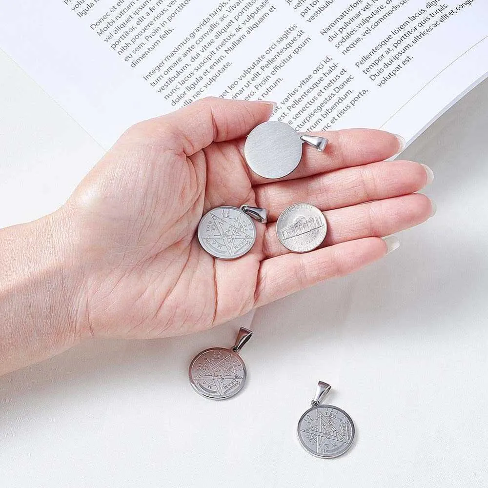 Lot de 10 pendentifs Wiccan en acier inoxydable 304, ronds et plats, sculptés, tétragramme, pentagramme, classique, 27 x 24 x 2 mm, trou : 9 x 5 mm, G0927_voghion.com