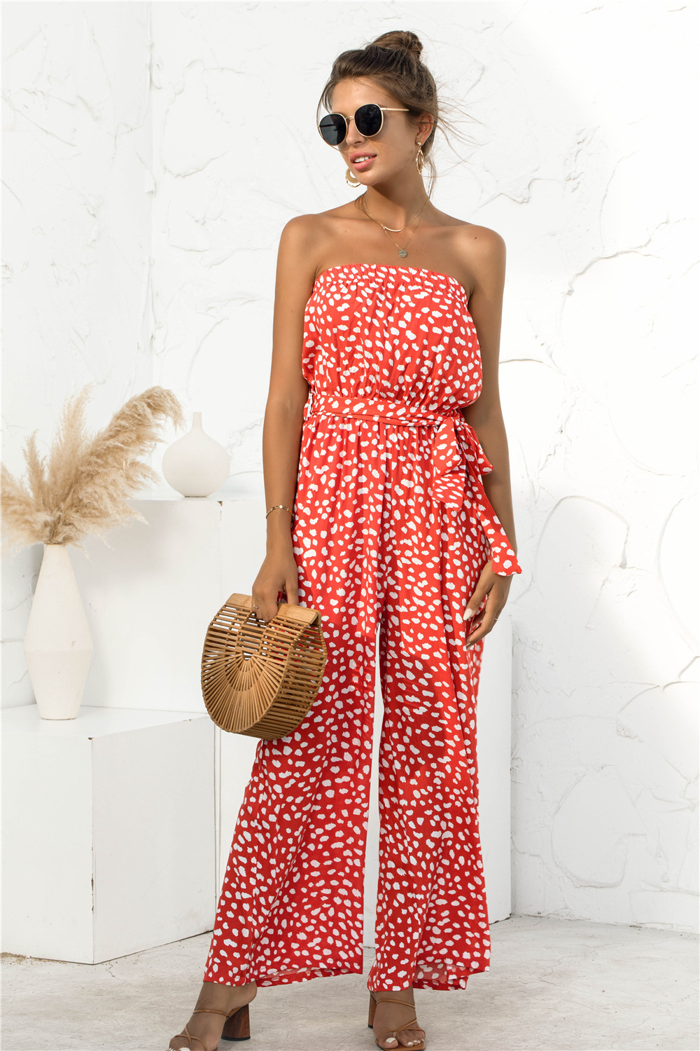 Nuevos productos de verano para mujer, nuevo mono de pierna ancha con cordones y estampado de lunares en forma de corazón y top de tubo sexy_voghion.com
