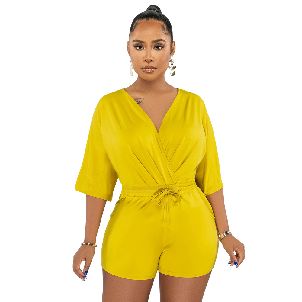 Women's V-neck Jumpsuit Solid Colour Waist Casual Short Romper_voghion.com