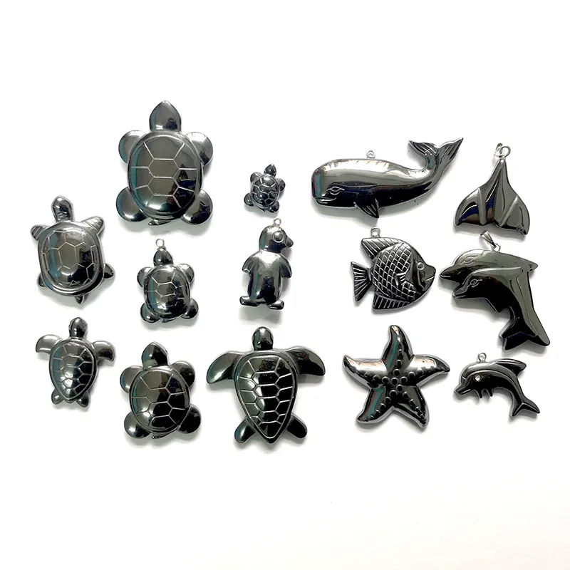 Collares colgantes de piedra natural, hematita negra, pez, delfín, estrella de mar, dijes, pulseras, brazaletes, accesorios de bricolaje_voghion.com