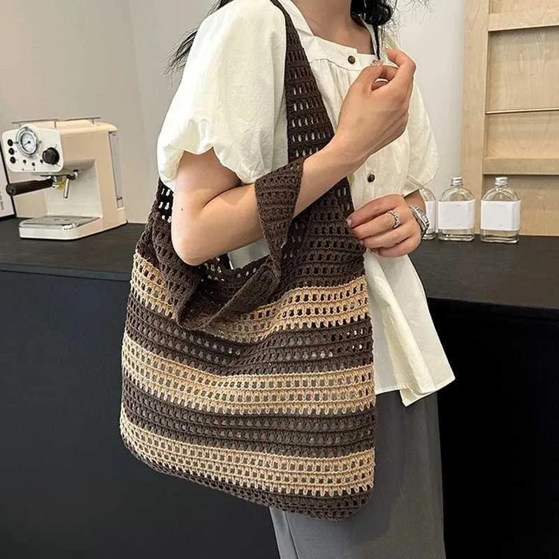 Fashion Shoulder Bag Contrast Hollow Knitted Belt Womens Handbag Y241011_voghion.com