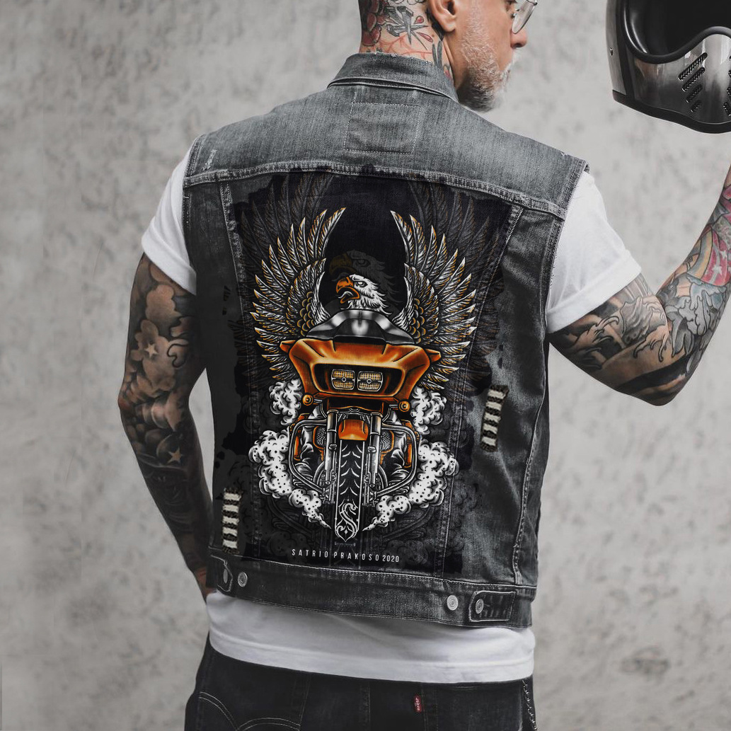 Herrenbekleidung Spread Wings Eagle Riding Motorcycle Printing Freizeit Schweres Handwerk Abgenutzte gewaschene Jeansweste für Herren_voghion.com