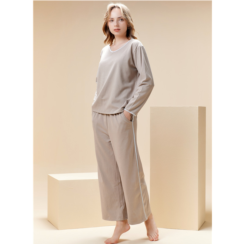 Fløjl pyjamas sæt til kvinder v-hals pullover hjemmetøj sæt_voghion.com