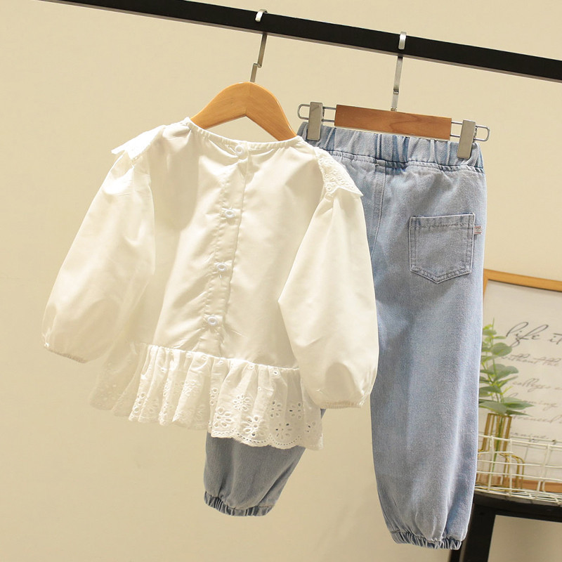 Costume d'automne pour mère et enfant, haut en dentelle élégant et jean perlé, costume deux pièces_voghion.com
