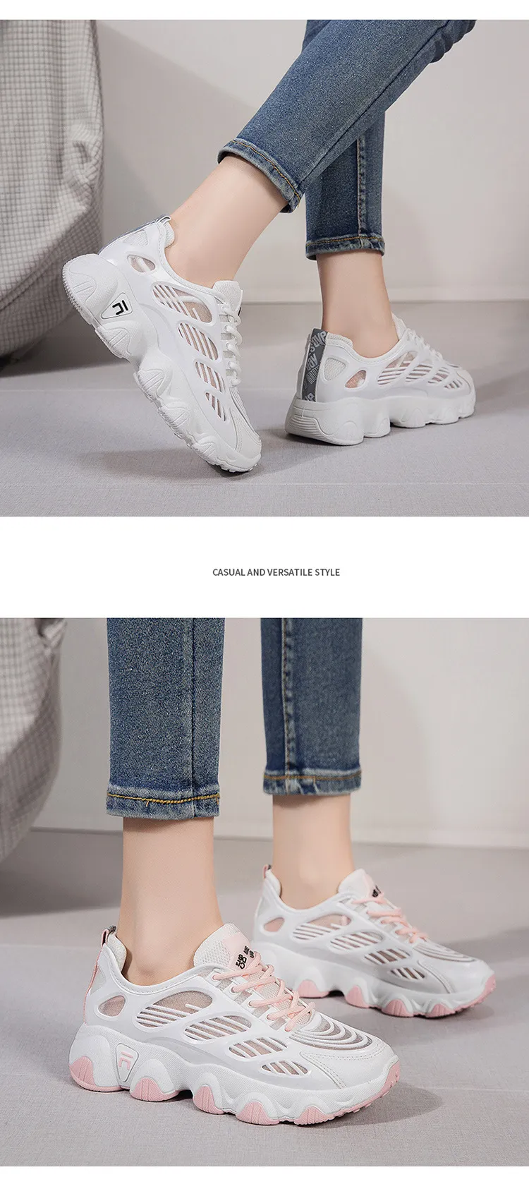 Thick Soled Mesh Sports For Women Breathable Thin Running Casual Dad Shs With Hollowed Out Design Fashionable Board_voghion.com