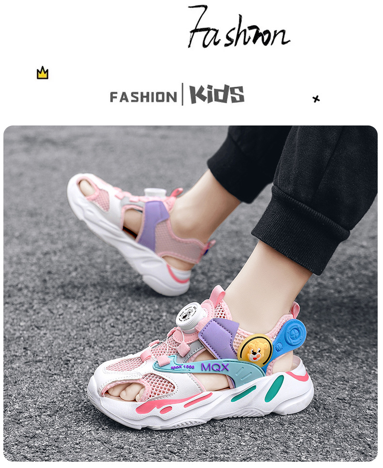Baotou-Sandalen für Mädchen 2024 Sommer Neue Hohlnetz-Drehknopf-Strandschuhe für Kinder und Damen_voghion.com