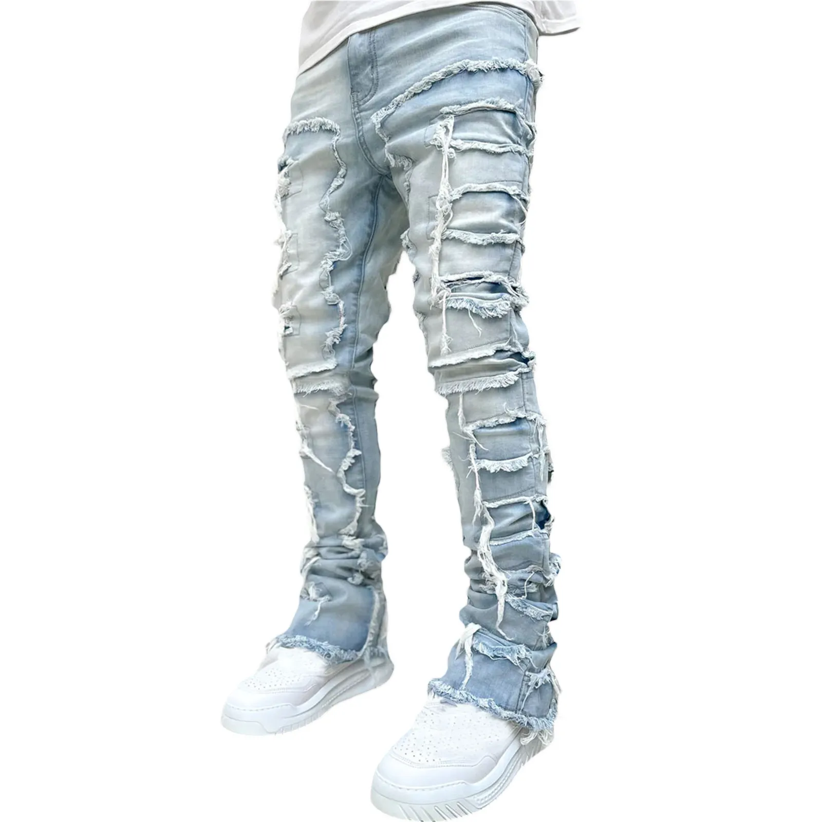 Men's Jeans Regular Fit Stacked Patch Distressed Destroyed Straight Denim Pants Streetwear Clothes Casual Jean_mkmklike.com