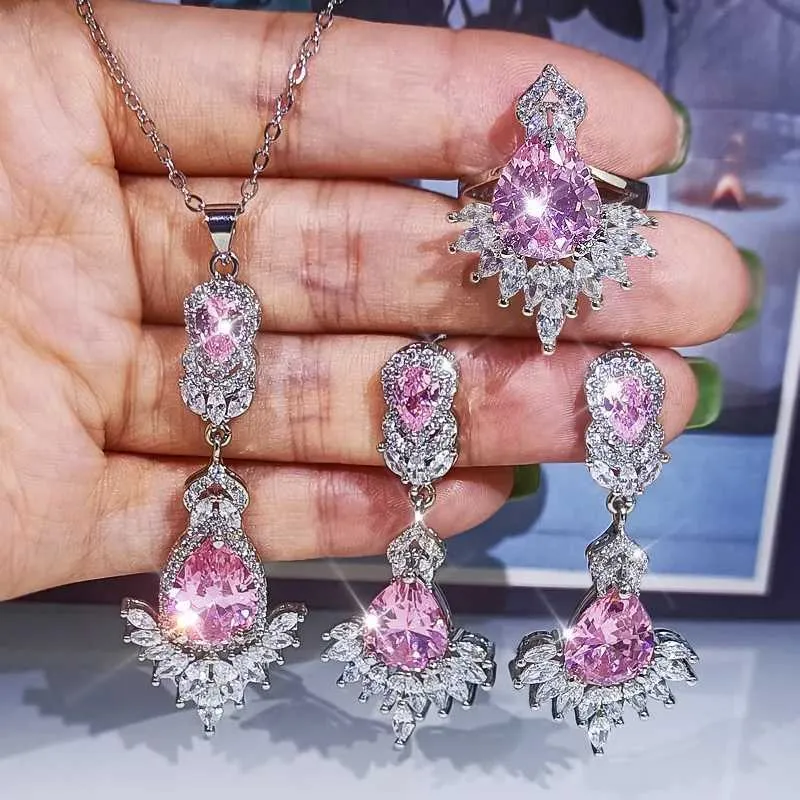Hochzeitsschmuck-Sets 3-teilig Sterling Silber Herzschliff Zirkon Verlobungsring Ohrringe Anhänger Damen Party Geburtstagsgeschenk_voghion.com