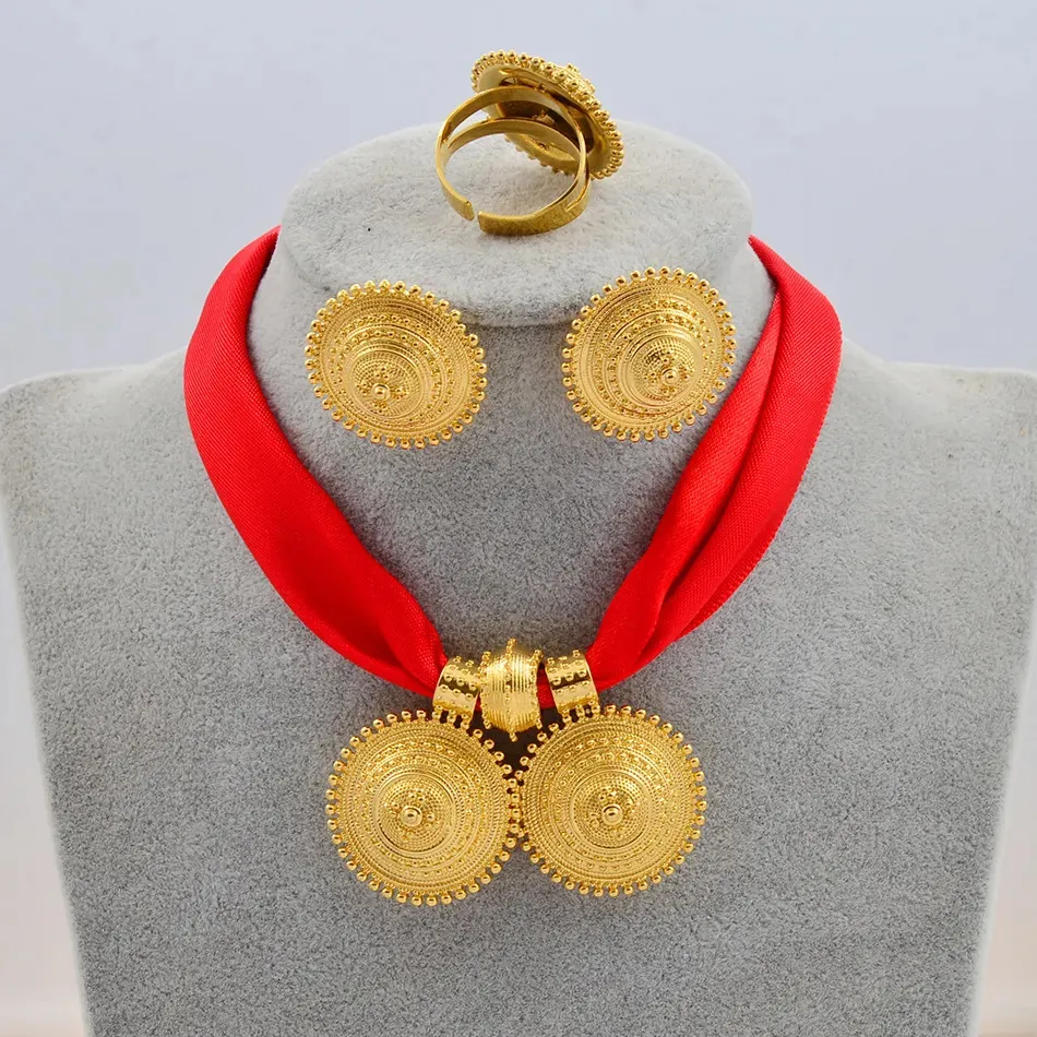 Hochzeitsschmucksets Anniyo DIY Seilkette Äthiopisches Set Goldfarbe Eritrea Ethno-Stil Habesha Anhänger Ohrringe Ring_voghion.com