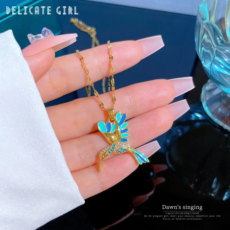 Catene di cristallo colibrì collane per le donne gioielli di moda color oro smaltato uccelli animali ciondolo choker collares_voghion.com