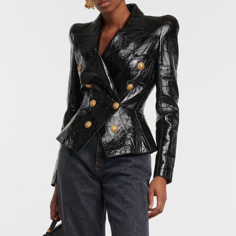 women's 2023 autumn and winter new style black pu leather shiny shrug slim small suit waist temperament_voghion.com