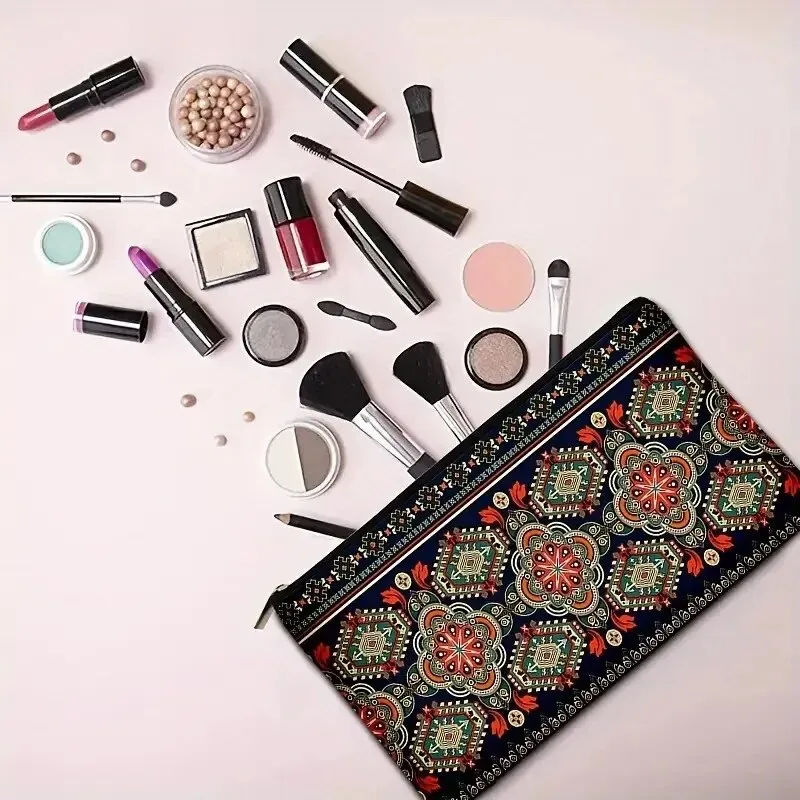 Tragbare Kosmetiktasche mit Vintage-Muster, trendiger Organizer mit Retro-Print und Reißverschluss, multifunktionale Make-up-Clutch_voghion.com