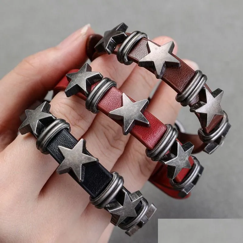 Vintage Star Leather Bracelet For Men Punk Rock Gothic Cuff Bangle_voghion.com