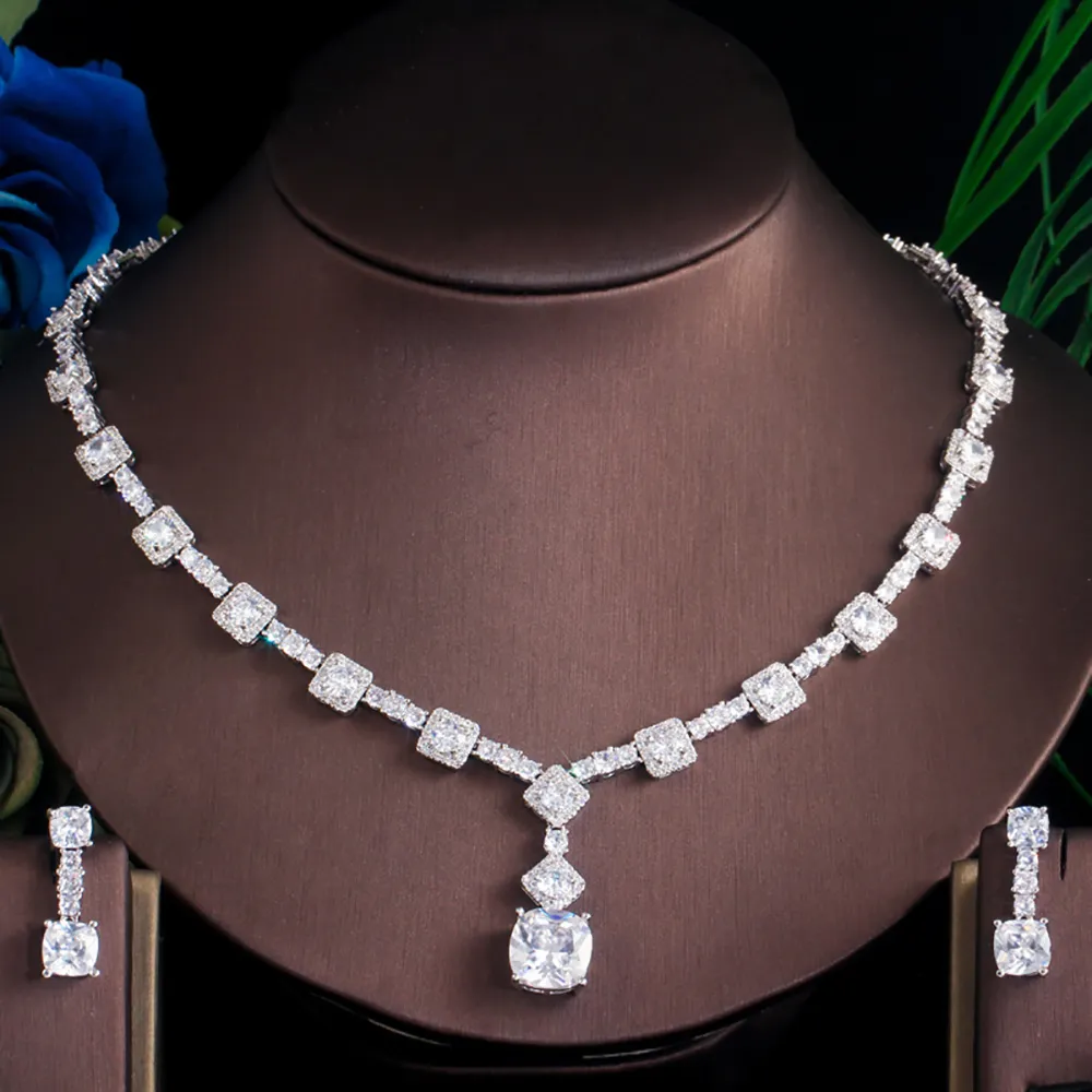 ThreeGraces Elegant Gul CZ Krystal Sier Farve Store Firkantede Dråbeøreringe Halskæde Bryllupsfest Smykkesæt til Kvinder_voghion.com
