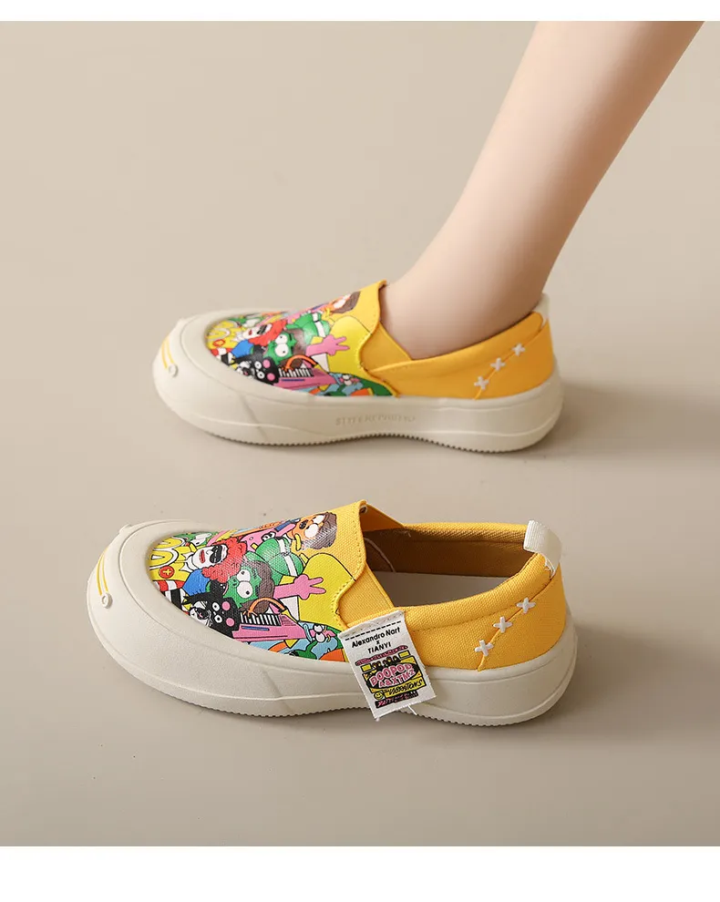 Thick Soled Shallow Mouthed Cartoon Printed Skateboard Shoes With Breathable And Comfortable Mesh Fabric For Casual Wear_voghion.com