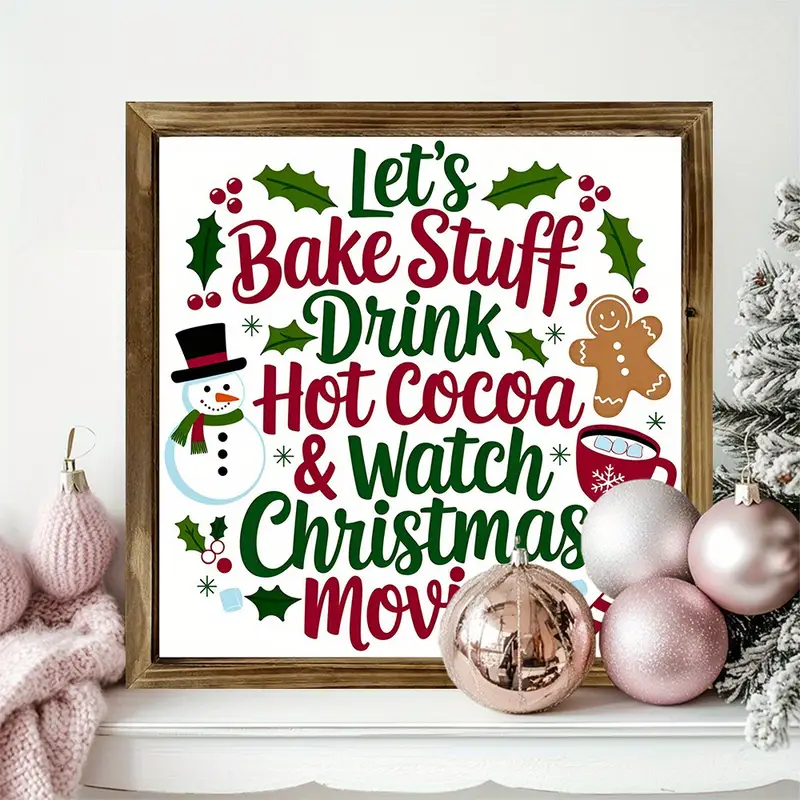 8x8" Rustic Christmas Baking Wood Sign - 'Let's Bake, Drink Cocoa & Watch Movies' Farmhouse Wall Art For Kitchen/Home_voghion.com