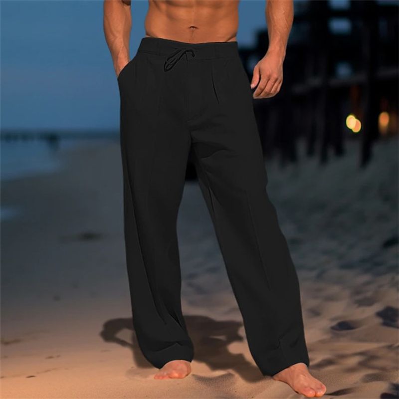 Sommer-Strandhose Herren aus Leinen, Vordertasche, einfarbig, bequem, atmungsaktiv, lässig, Basic-Stil für den täglichen_voghion.com