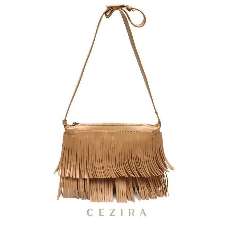 CEZIRA Bohemia Quaste Fransen Ladi Seitentaschen Veganes Leder Stilvolle Designer Mädchen Kleine Umhängetasche Reißverschluss Umschlag Clutch_voghion.com
