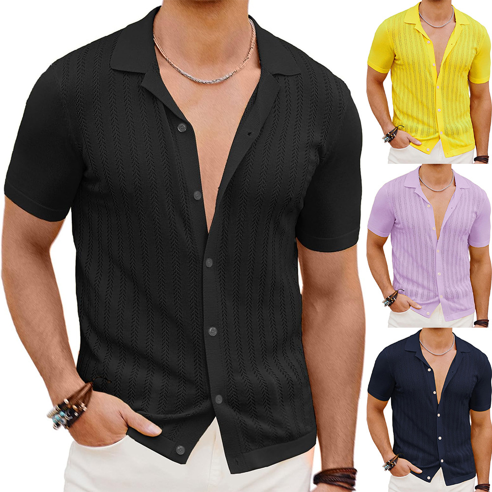 Vêtements pour hommes Cardigan tricoté décontracté Été Cool Creux Manches courtes Chemise pour hommes Couleur unie Hauts pour hommes