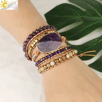 Charm CSJA Naturstensarmband Rosa Kvarts Läderarmband för Kvinnor Rosenstenar Kristallpärlor Bohemiska Smycken 5_voghion.com