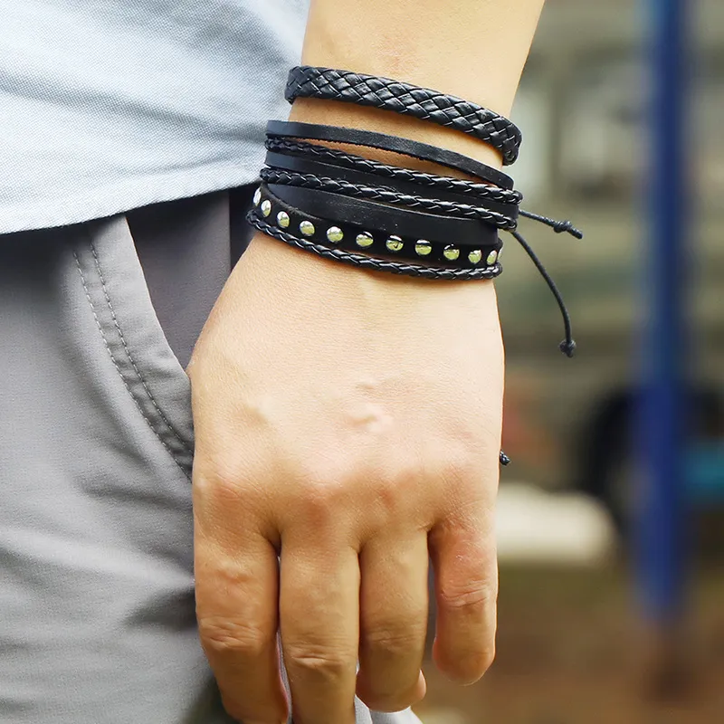 Men's Leather Bracelet Set Multi-piece Vintage Style Accessory_voghion.com