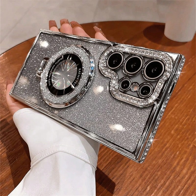 1pc Luxury Plating Gradient Glitter Diamond Stand Holder Phone Case For SamsungS24 S25 Ultra S23 Ultra S22 Ultra S23 Protective Shockproof Cover_voghion.com