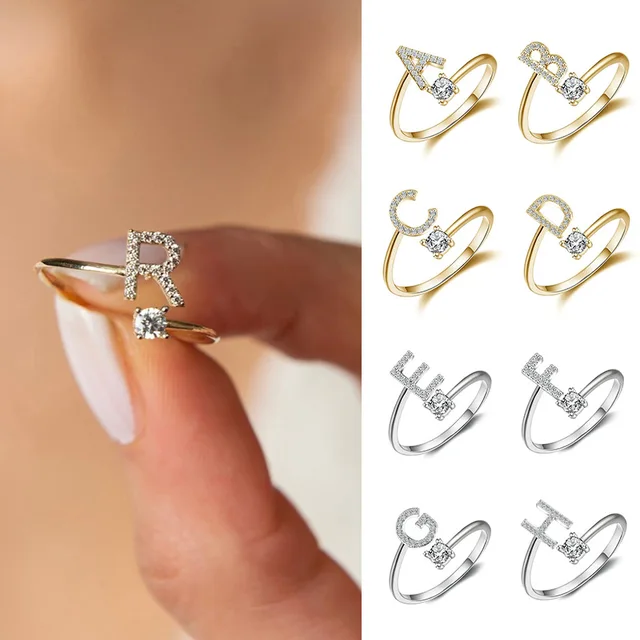 Anelli con iniziali dalla A alla Z, tendenza moda, per donne, aperti, regolabili, in acciaio inossidabile, con zirconi, accessori per gioielli di coppia, regali_voghion.com
