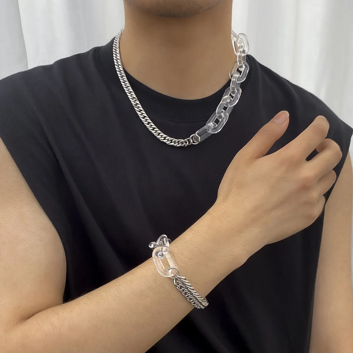Collier en chaîne en métal simple et transparent en acrylique avec épissure pour le cou et la clavicule, bijoux pour hommes_voghion.com