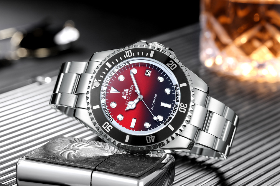 Vollautomatische mechanische Herrenuhr mit Leuchtzeigern, massivem Edelstahlarmband, blauem, rotem und grünem Zifferblatt. AUTOMATIKUHR_voghion.com