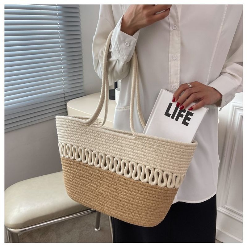 Spring and summer niche grass for women in 2024, new trendy cotton thread woven beach bags, large capacity single_voghion.com