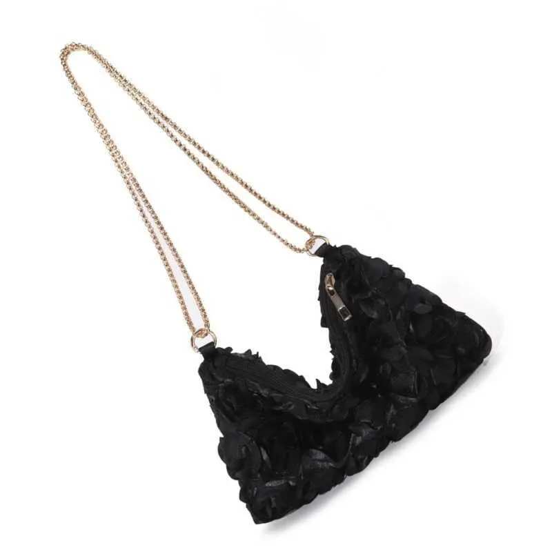 E74B 3D Rose ral Pochette de soirée pour femme en satin pailleté Sac à main bandoulière Sac à main avec chaîne pour fêtes de mariage_voghion.com