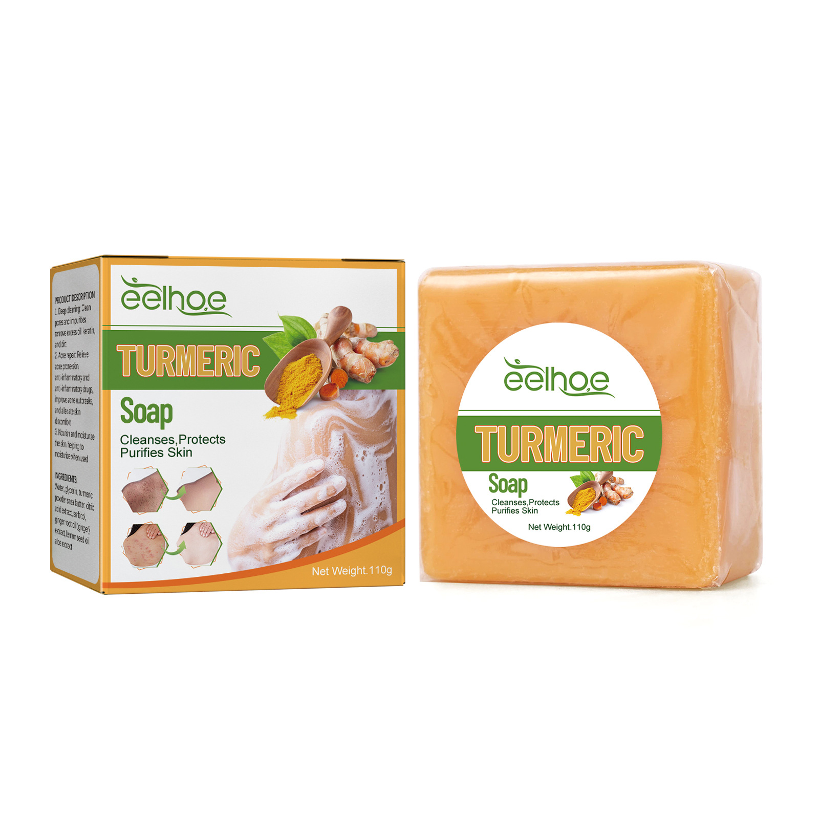 Săpun de curățare EELHOE cu turmeric, revigorant, catifelează pielea, estompează petele negre, semnele de acnee, netezește pielea și corpul_voghion.com