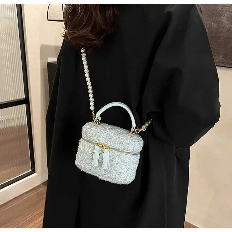 Mini Umhängetasche Für Damen Tweed Karo Klappentasche Perle_voghion.com