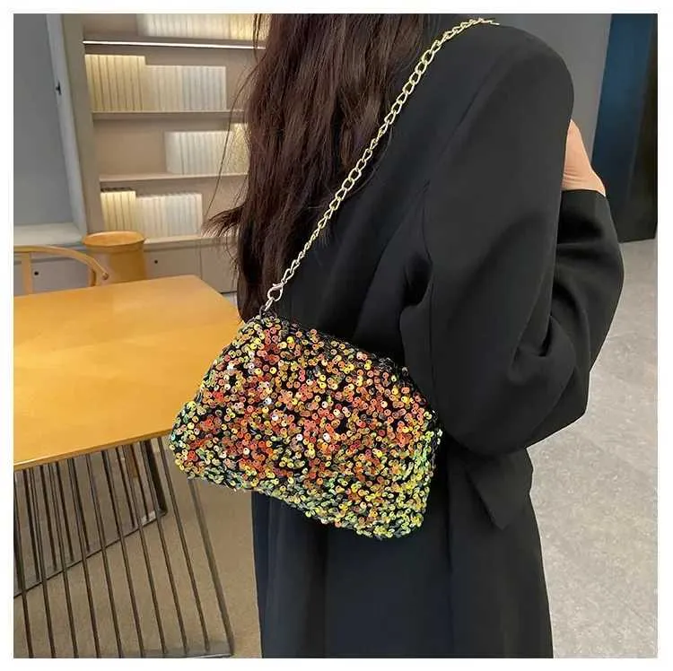 Sac à bandoulière à chaîne simple INS couleur unie paillettes sac à bandoulière portefeuille mobile sac à main de nuit Y241019_voghion.com