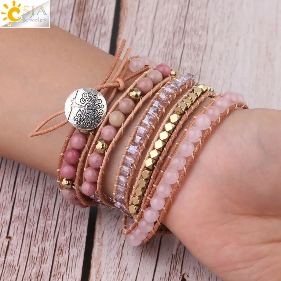 Charm CSJA Naturstensarmband Rosa Kvarts Läderarmband för Kvinnor Rosenstenar Kristallpärlor Bohemiska Smycken 5_voghion.com
