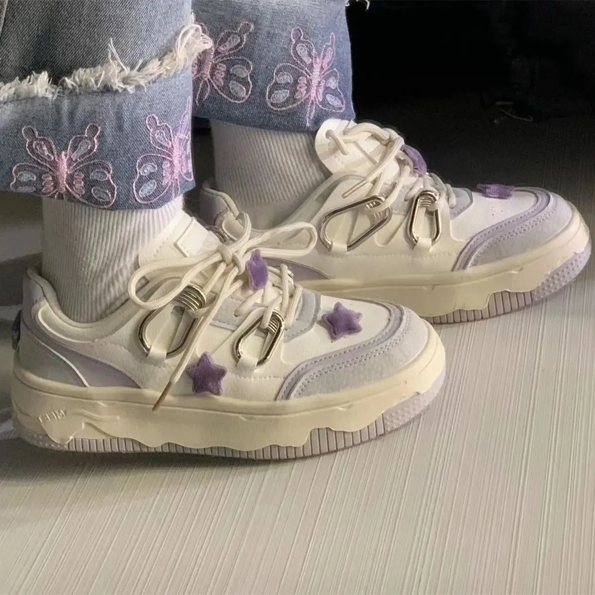 Sneakers con plateau viola da donna, scarpe kawaii, casual, vintage, sportive, da tennis, da donna, piatte, coreane, carine, vulcanizzate_voghion.com