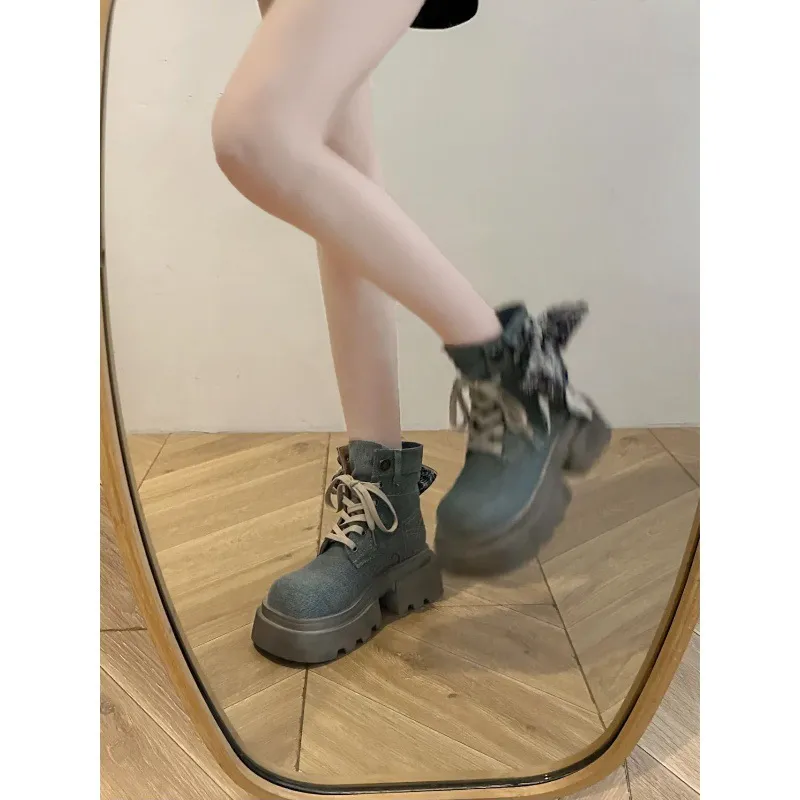 Ladies' denim canvas Martin thick soled short boots_voghion.com