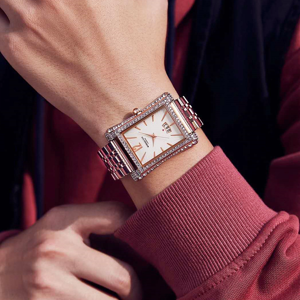 Orologio da donna per coppia, nuovo, alla moda, quadrante quadrato, calendario, cinturino in acciaio di precisione con inserto in diamanti, impermeabile e_voghion.com