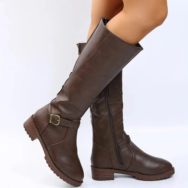 Retro Brown Knee High Large-sized Low Platform Long Autumn Pu Leather Zipper Womens Warm Boots 240911_voghion.com
