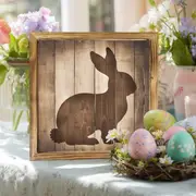 "8x8" Rustic Bunny Silhouette Wood Sign - Farmhouse Wall Art For Kitchen, Bedroom & Office | No Power | Easter/Housewarming Gift_voghion.com