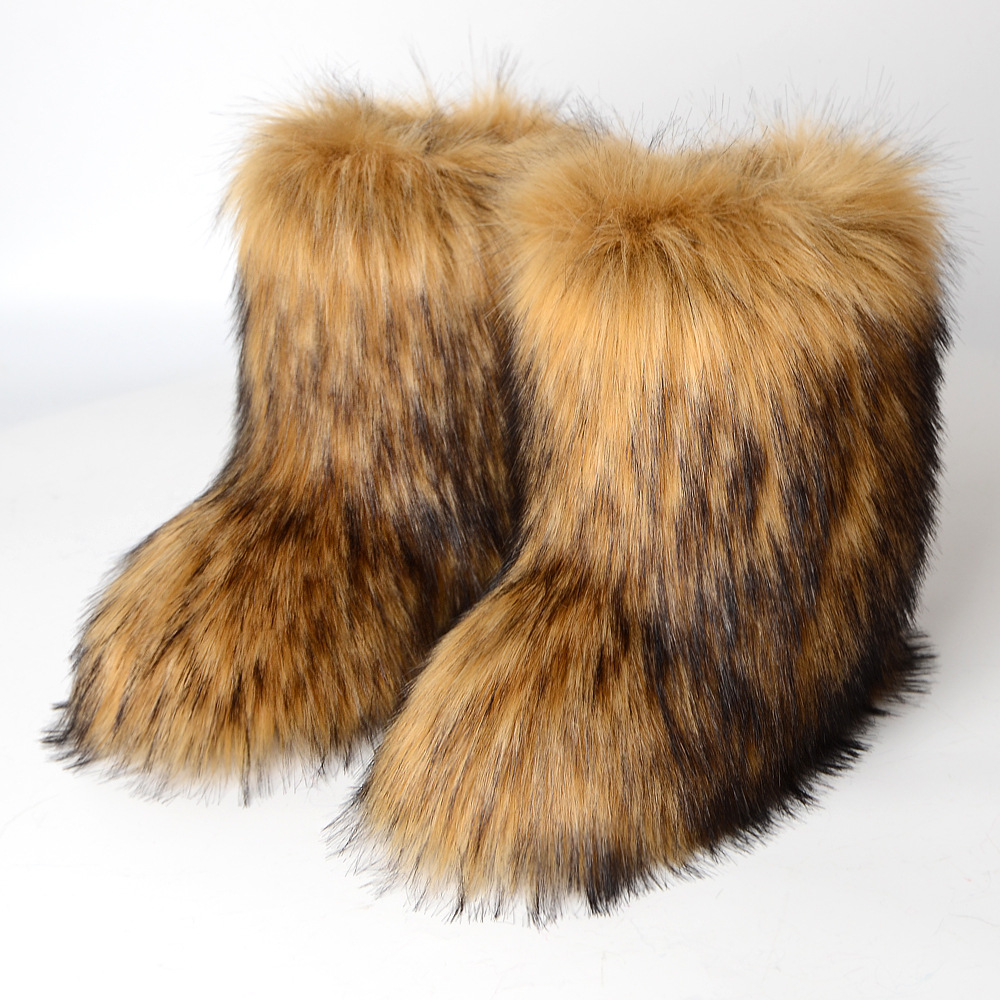 Bottes d'hiver chaudes en fourrure de renard à bout rond et à bout profond pour femmes, bottes de neige plates et montantes en fourrure de renard transfrontalières européennes et américaines