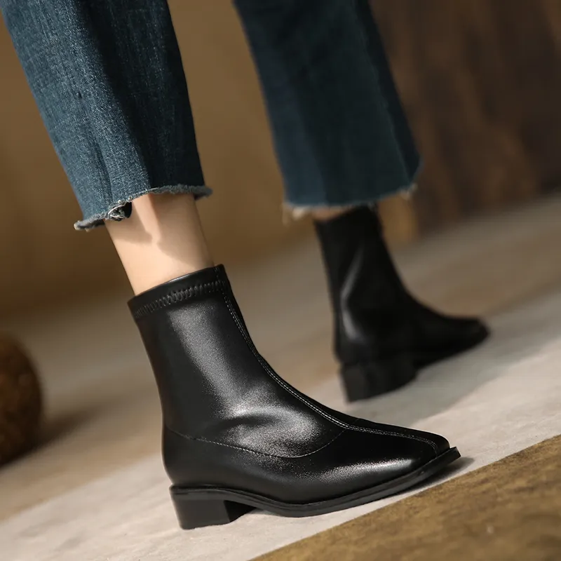 JOZHAMTA Size 34-42 Stretch Soft Leather Thick Heels Shoes For Women Winter 2023 Zipper Retro Ankle Boots Elastic_voghion.com