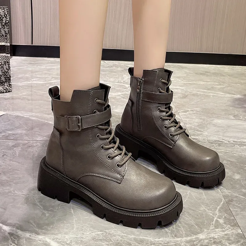 Botas cortas estilo británico para mujer, nuevas, de otoño/invierno, con cordones y cremallera, estilo motociclista, estilo retro, talla 43_voghion.com