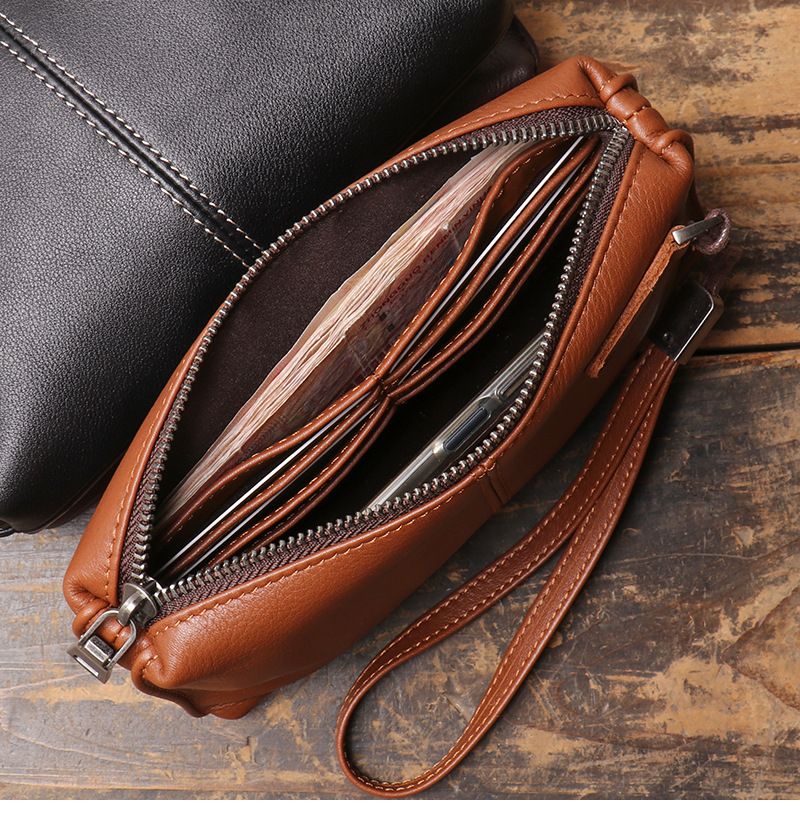 Herrenhandtasche echtem Leder, weicher Lederreißverschluss, lange Brieftasche, lässige Telefontasche aus Rindsleder der_voghion.com
